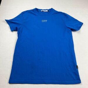 Off White Mens Logo Tee Shirt M Blue Streetwear Minimalist Graphic Designer FLAW